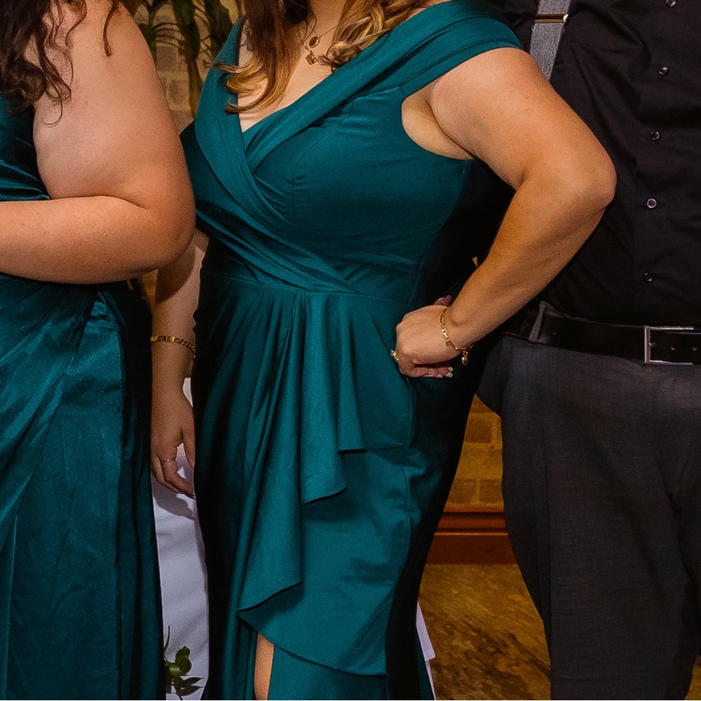 Long Teal Plus Size formal dress with ruching and slit